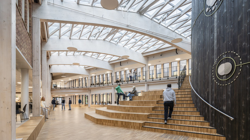 Innendørs: transparent tak og eksponert bæresystem i tre.  Området brytes opp av et frittstående, ovalt auditorium i tre. Foto