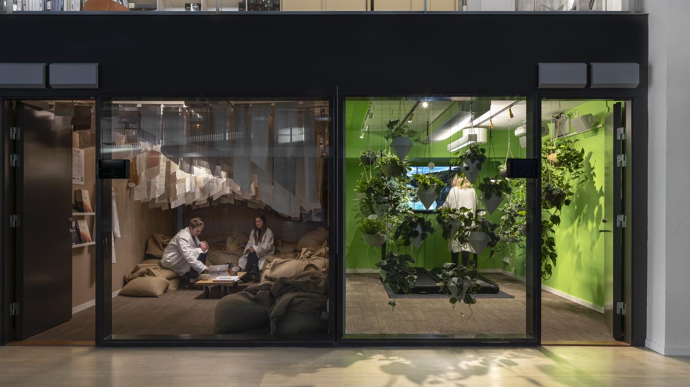 Eksperimentelle mødelokaler med 3D -mølle, planter og hynder. Foto